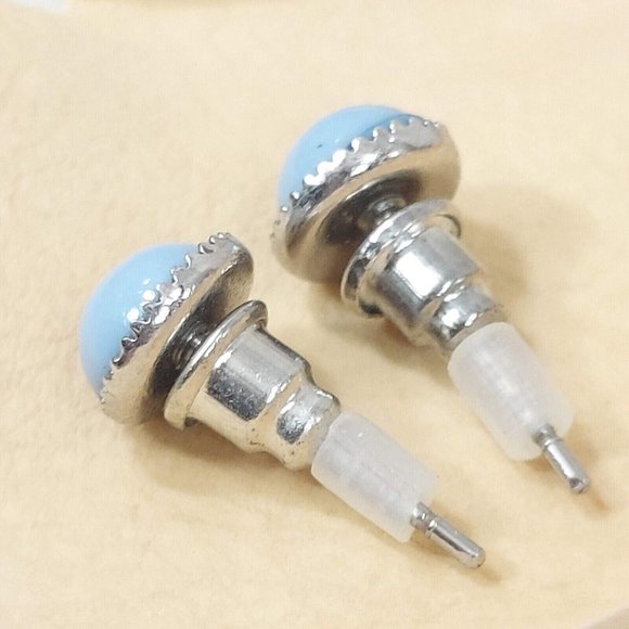 Silver Round Stud Earrings Blue Stone Vintage Jewelry Jewel Trinket Gift for Her - Picture 8 of 11
